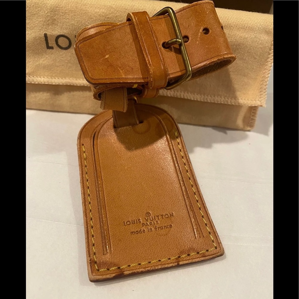 Auth LOUIS VUITTON Large Leather Luggage ID Tag Name Tag and Poignet Set